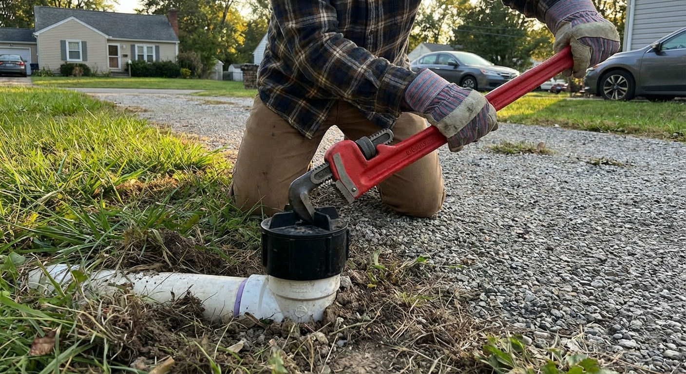 A real photo of a residential sewer cleanout pipe at ground level near a driveway, with a homeowner wearing gloves using a large adjustable wrench to loosen the cleanout cap in daylight
