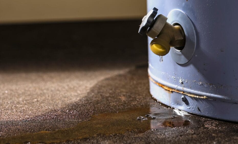 A real photo of a residential tank-style water heater in a basement with a small puddle of water on the concrete floor near the base, warm indoor lighting, no text