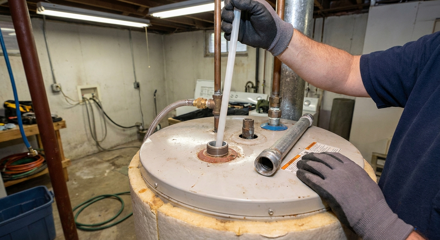 A real photo of a residential tank water heater with the cold water inlet nipple removed and a long white plastic dip tube being pulled upward, in a basement utility area