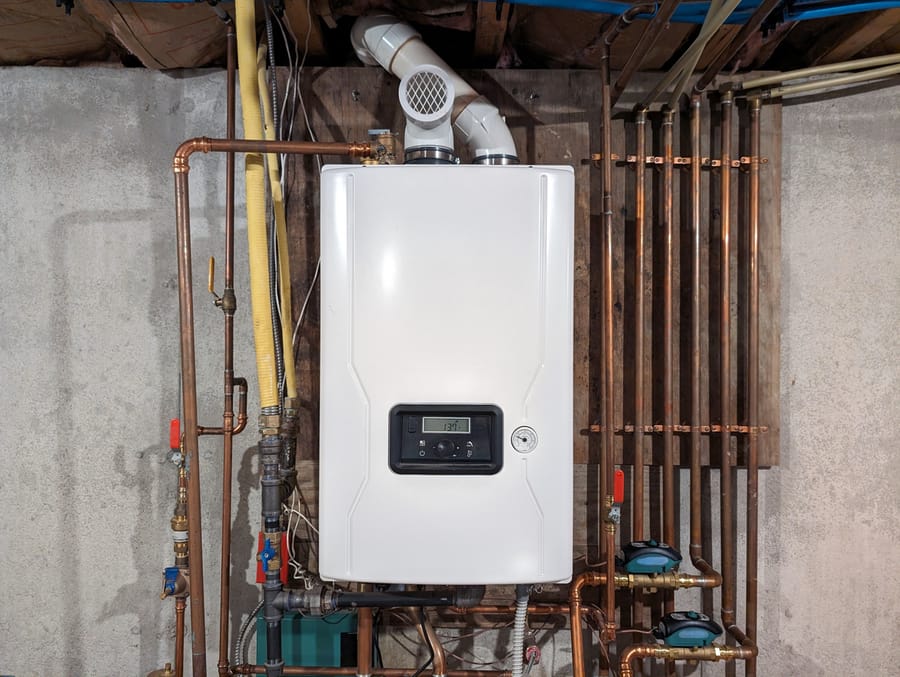 A real photo of a residential water heater in a basement utility area with exposed copper piping and a nearby shutoff valve, natural indoor lighting, straightforward home maintenance scene