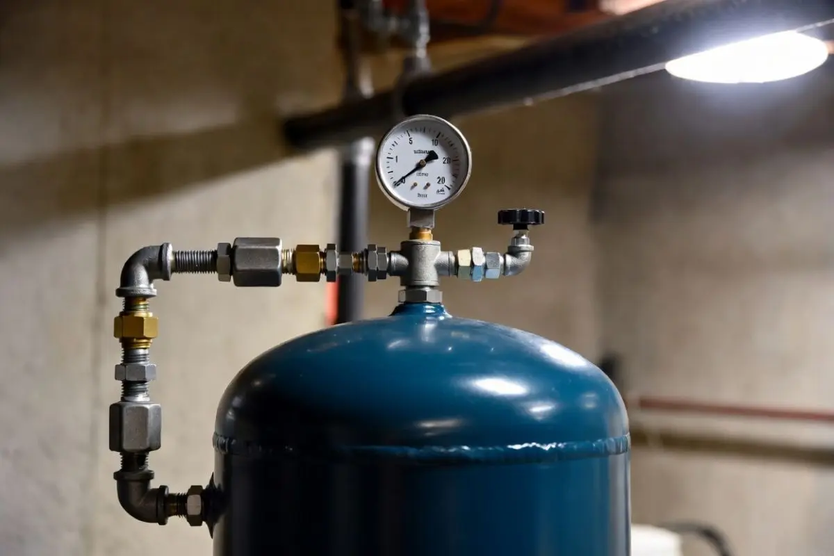 A real photo of a residential well pressure tank and pressure gauge mounted on piping in a basement utility room, with tools nearby