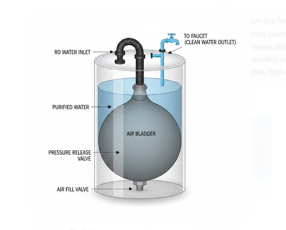 A real photo of a reverse osmosis storage tank air valve (Schrader valve) being checked with a small pressure gauge under a kitchen sink