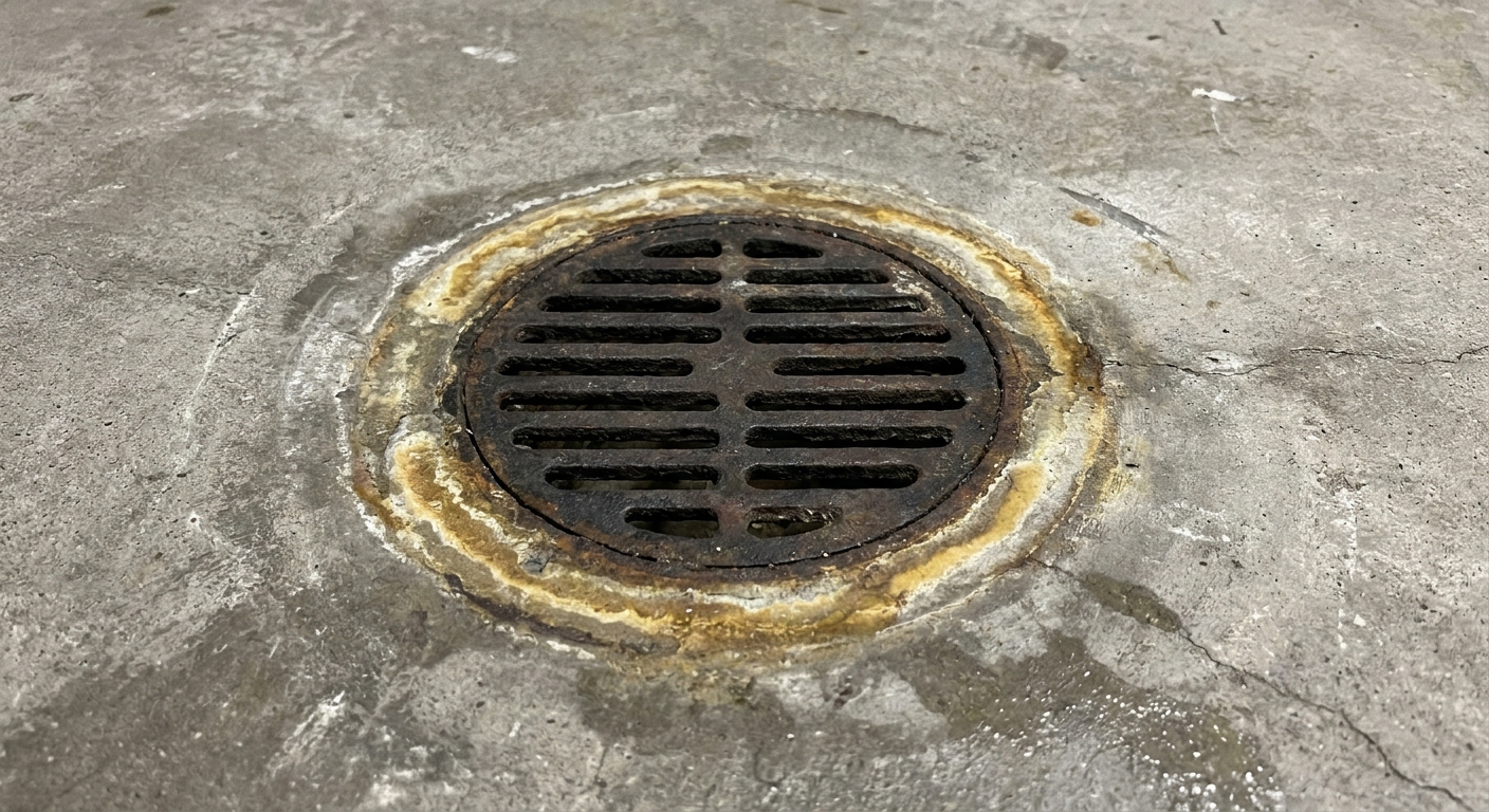A real photo of a round cast iron basement floor drain set in concrete with light staining around the opening