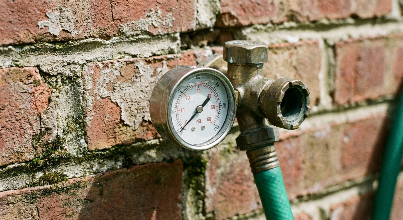 A real photo of a round water pressure gauge screwed onto an outdoor hose bib with the needle visible, brick exterior wall in the background, daylight