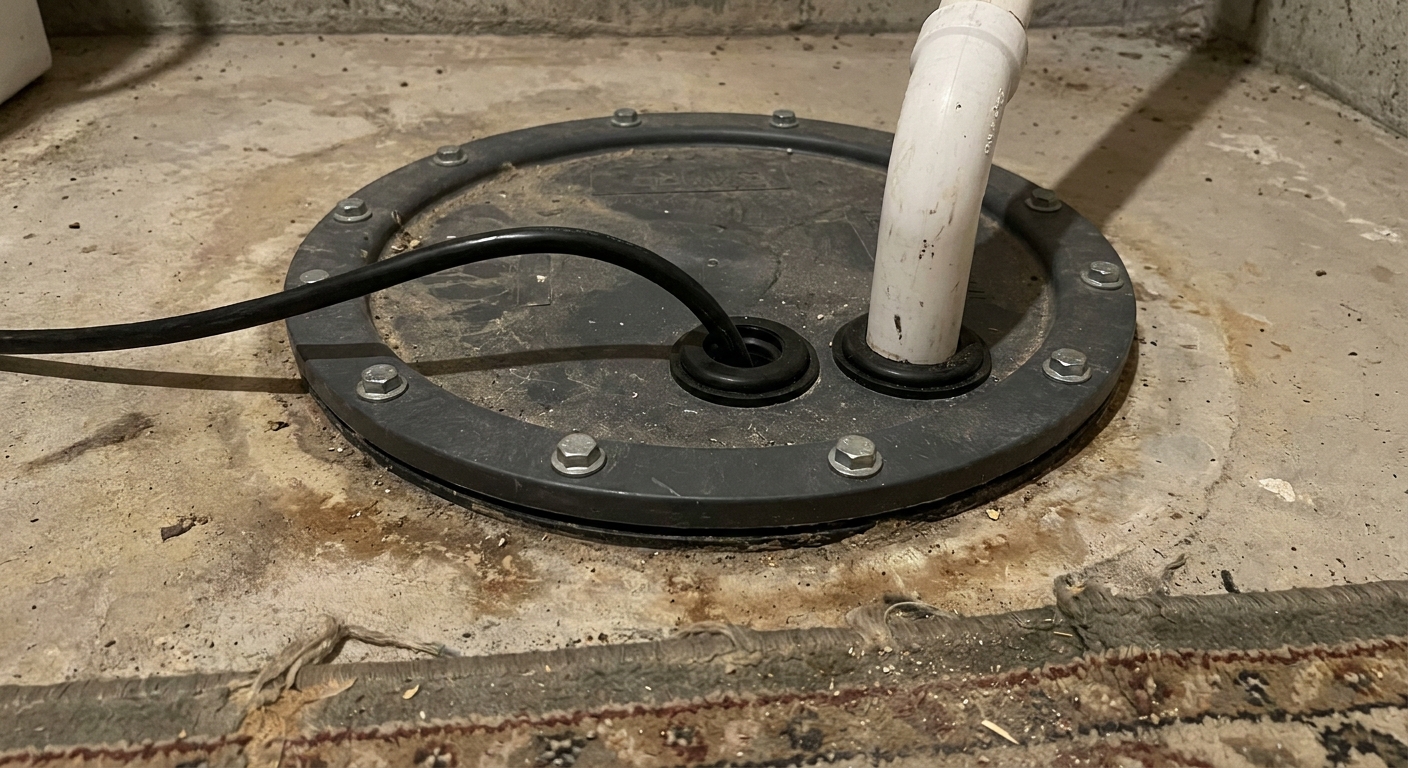 A real photo of a sealed sump pit cover with bolts and rubber grommets around discharge and power cords in a basement floor