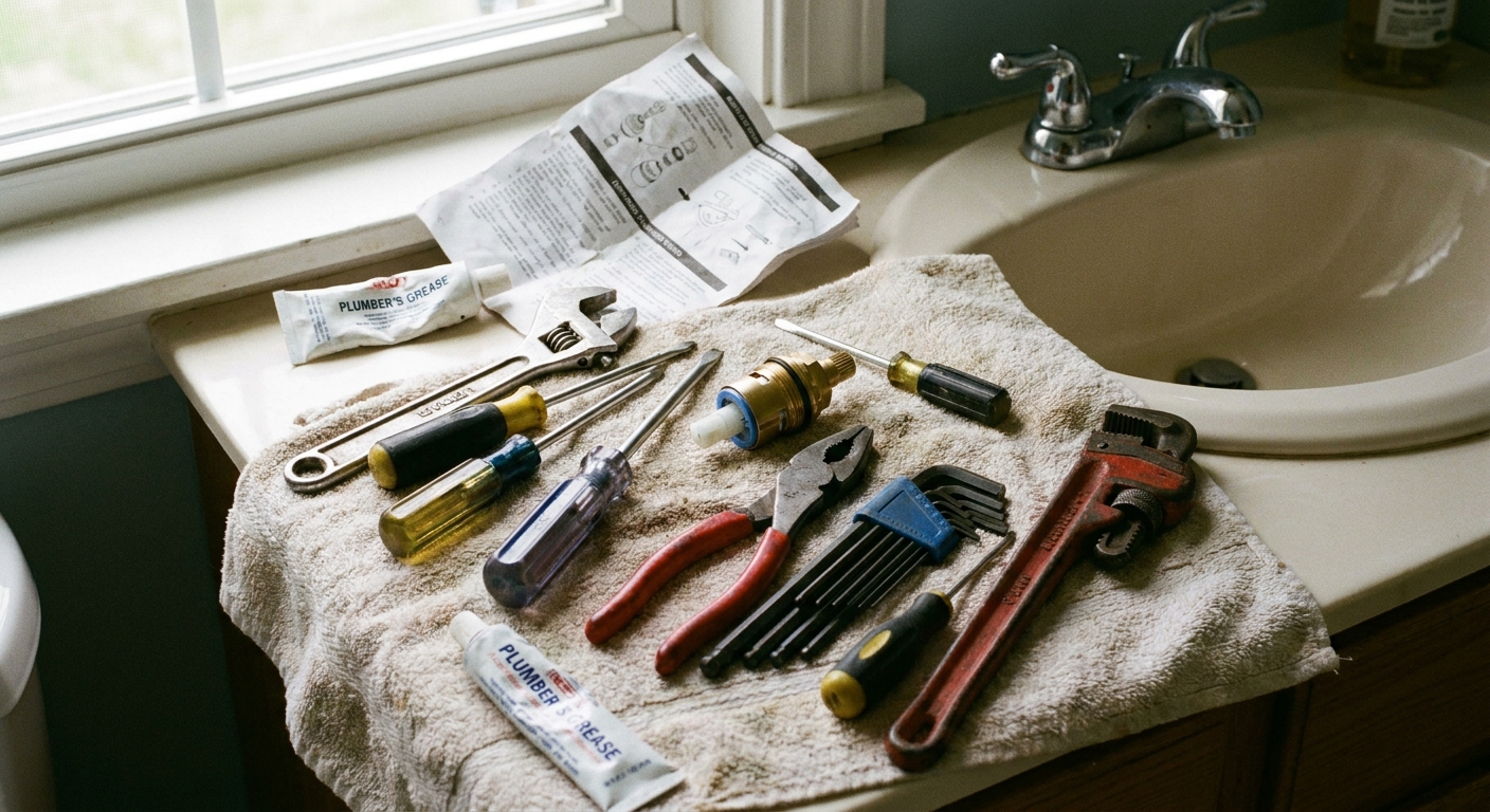A real photo of a set of hand tools and a replacement shower cartridge laid out on a towel next to a bathroom sink