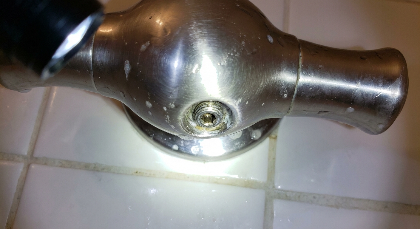A real photo of a shower handle with a small hex set screw visible on the underside, shot close up with a flashlight reflection