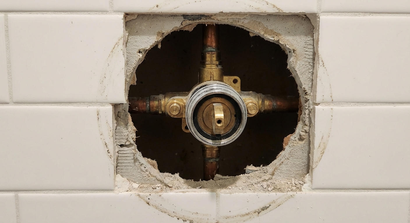 A real photo of a shower valve with the trim plate removed, showing the valve body and rough-in opening in the wall