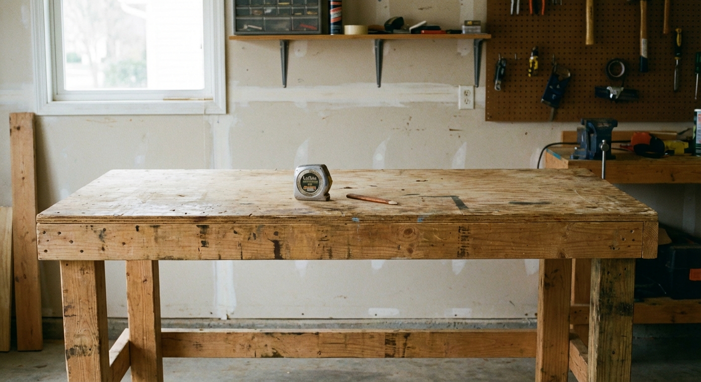A real photo of a simple 6-foot wooden workbench against a garage wall, with a tape measure and pencil on the benchtop, shot straight-on at eye level