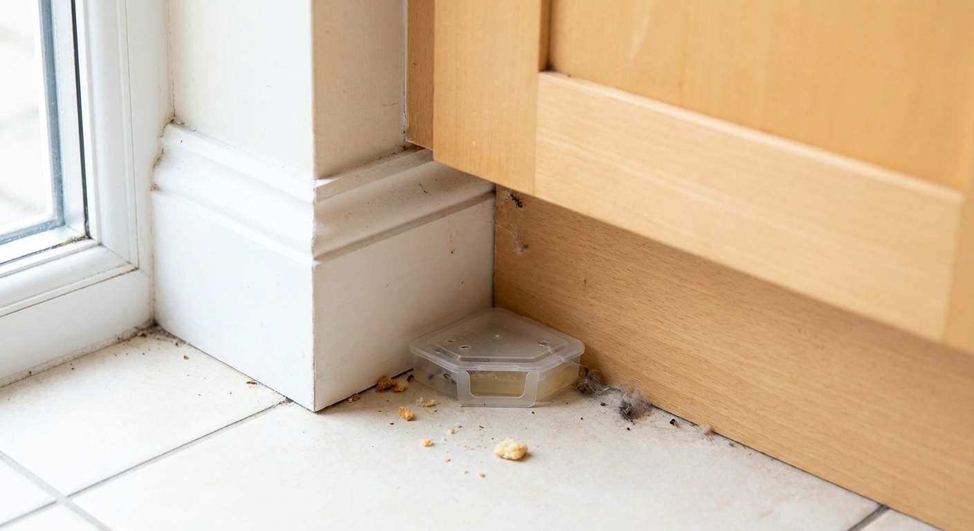 A real photo of a small ant bait station placed along a kitchen baseboard near a cabinet