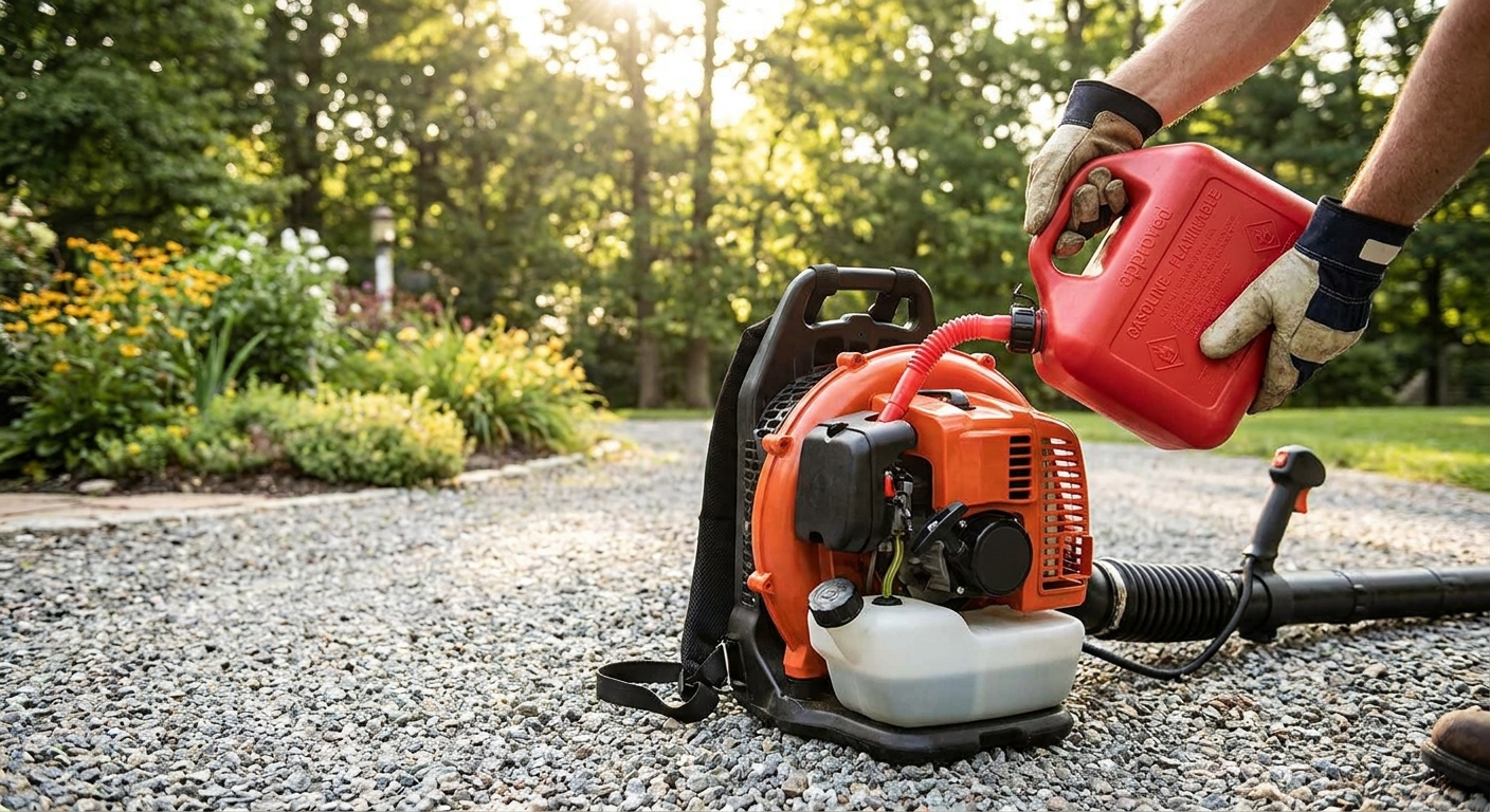 A real photo of a small approved gasoline container being poured carefully into a leaf blower fuel tank outdoors