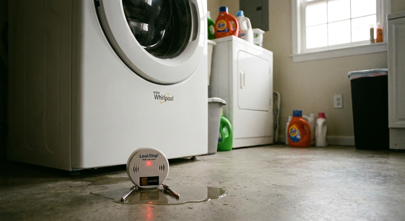 A real photo of a small battery water leak alarm sitting on the laundry room floor next to a washing machine