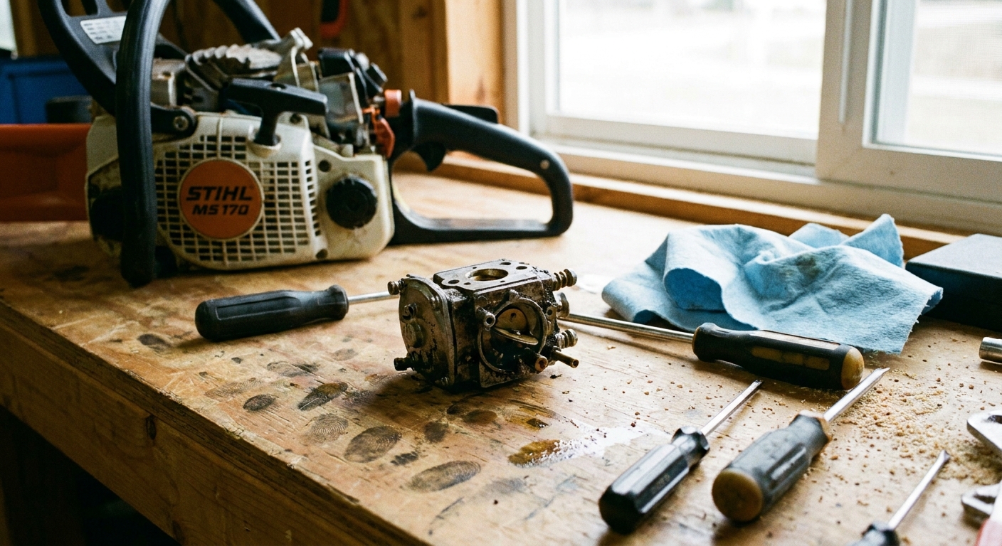 A real photo of a small chainsaw carburetor removed and sitting on a workbench next to screwdrivers and a clean rag, with the saw in the background