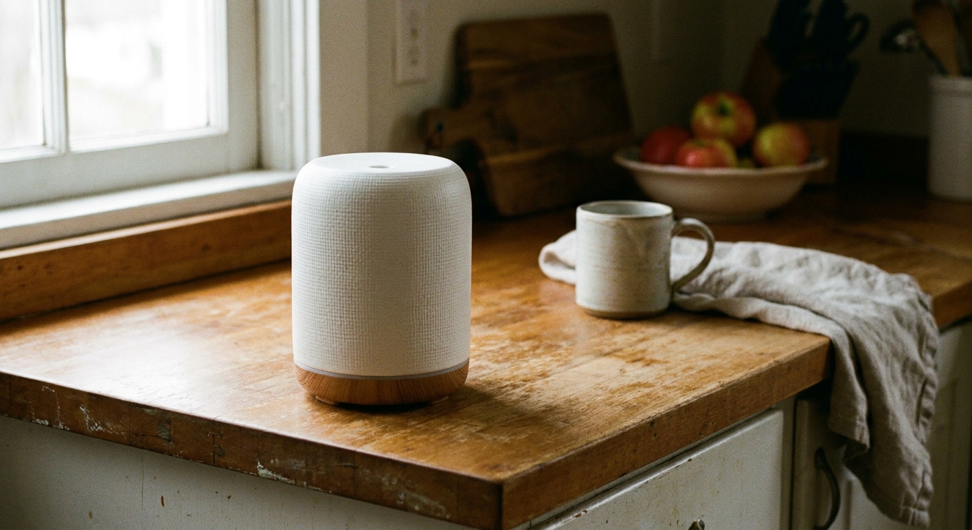 A real photo of a small portable ultrasonic humidifier sitting on a kitchen counter with no visible mist coming out, natural indoor lighting