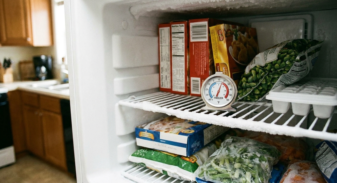 A real photo of a small round thermometer sitting on a freezer shelf reading near 0 degrees Fahrenheit inside a home freezer