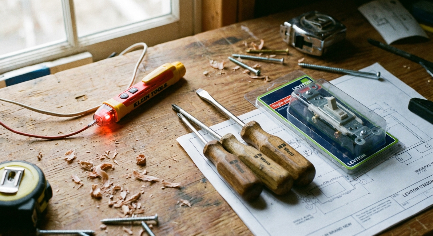 A real photo of a small set of tools on a workbench including a non-contact voltage tester, screwdrivers, and a new single-pole switch