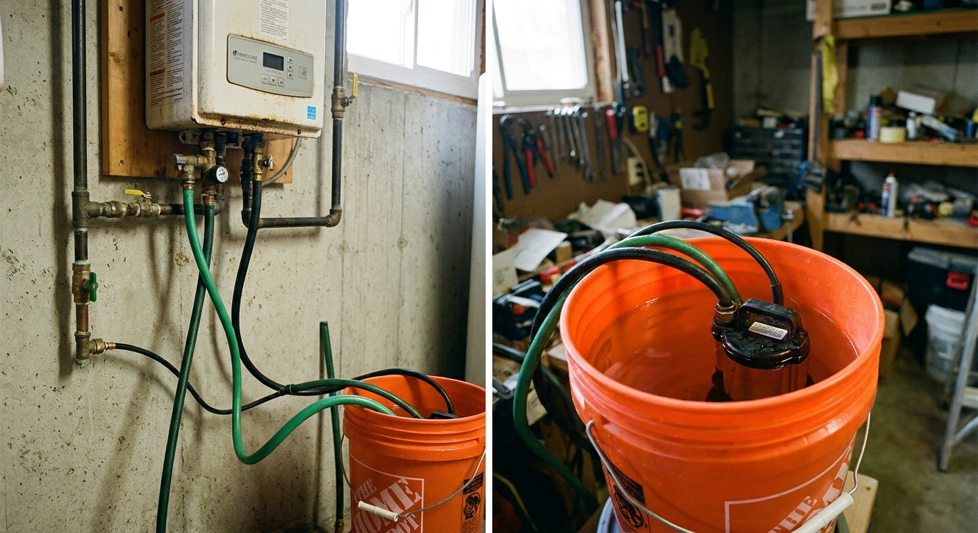 A real photo of a small submersible utility pump sitting in a five gallon bucket filled with clear liquid, with two hoses running from the bucket up to a wall mounted tankless water heater