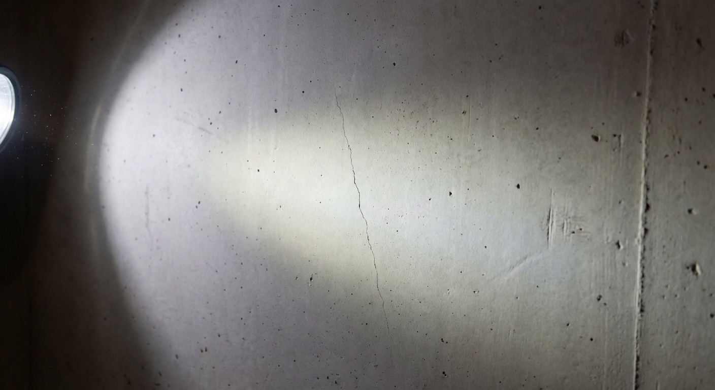 A real photo of a smooth poured concrete wall with a very thin hairline crack barely visible, photographed close-up with angled flashlight light raking across the surface to reveal the line