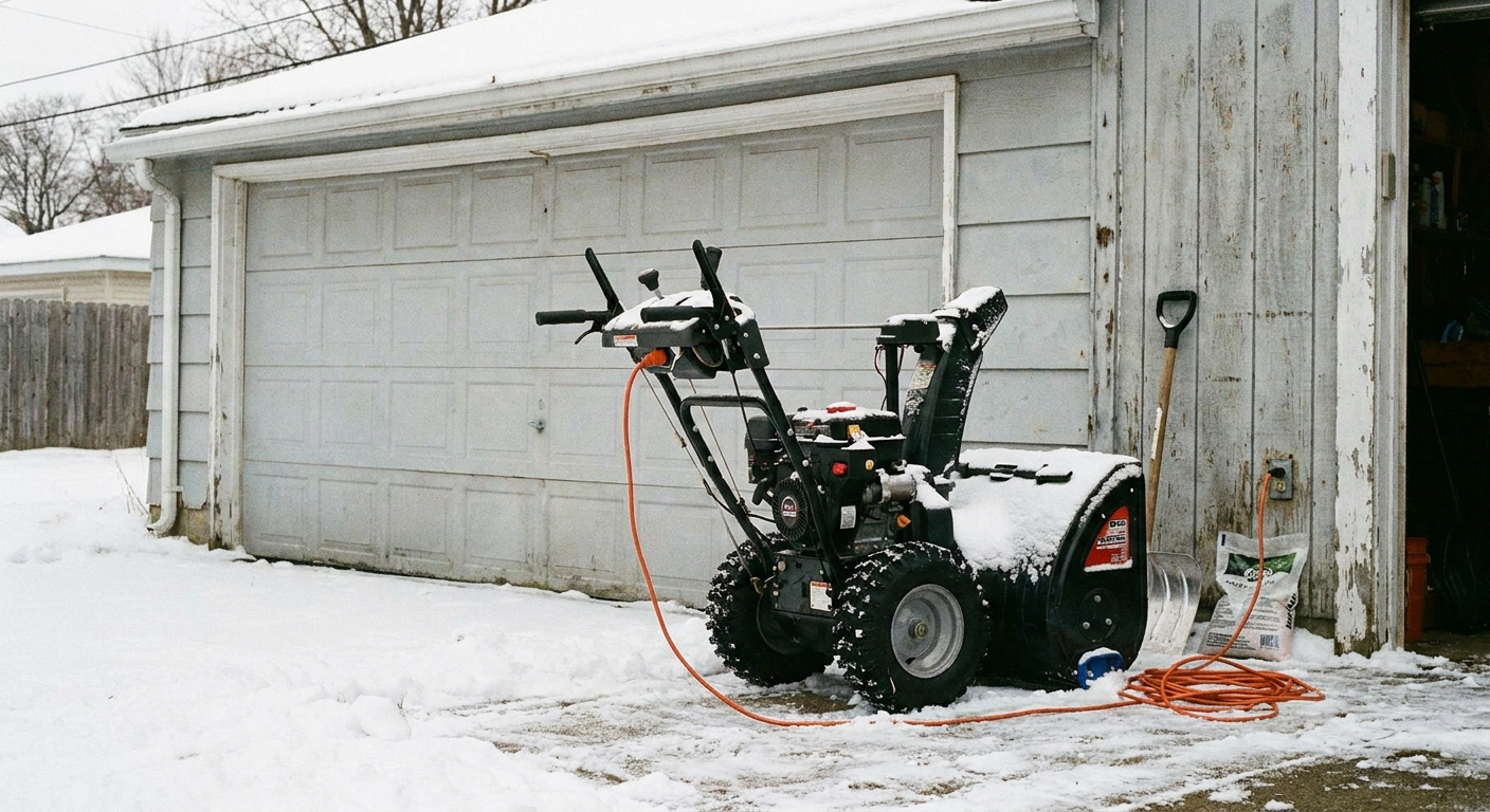 A real photo of a snow blower parked near a garage with an outdoor extension cord plugged into the electric start port