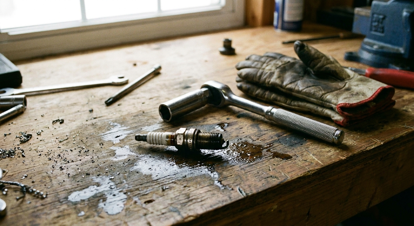 A real photo of a snow blower spark plug removed and resting on a workbench next to a socket wrench and gloves
