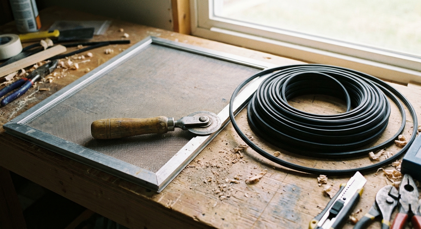 A real photo of a spline roller tool lying next to a window screen frame and a coil of black rubber spline on a wooden workbench