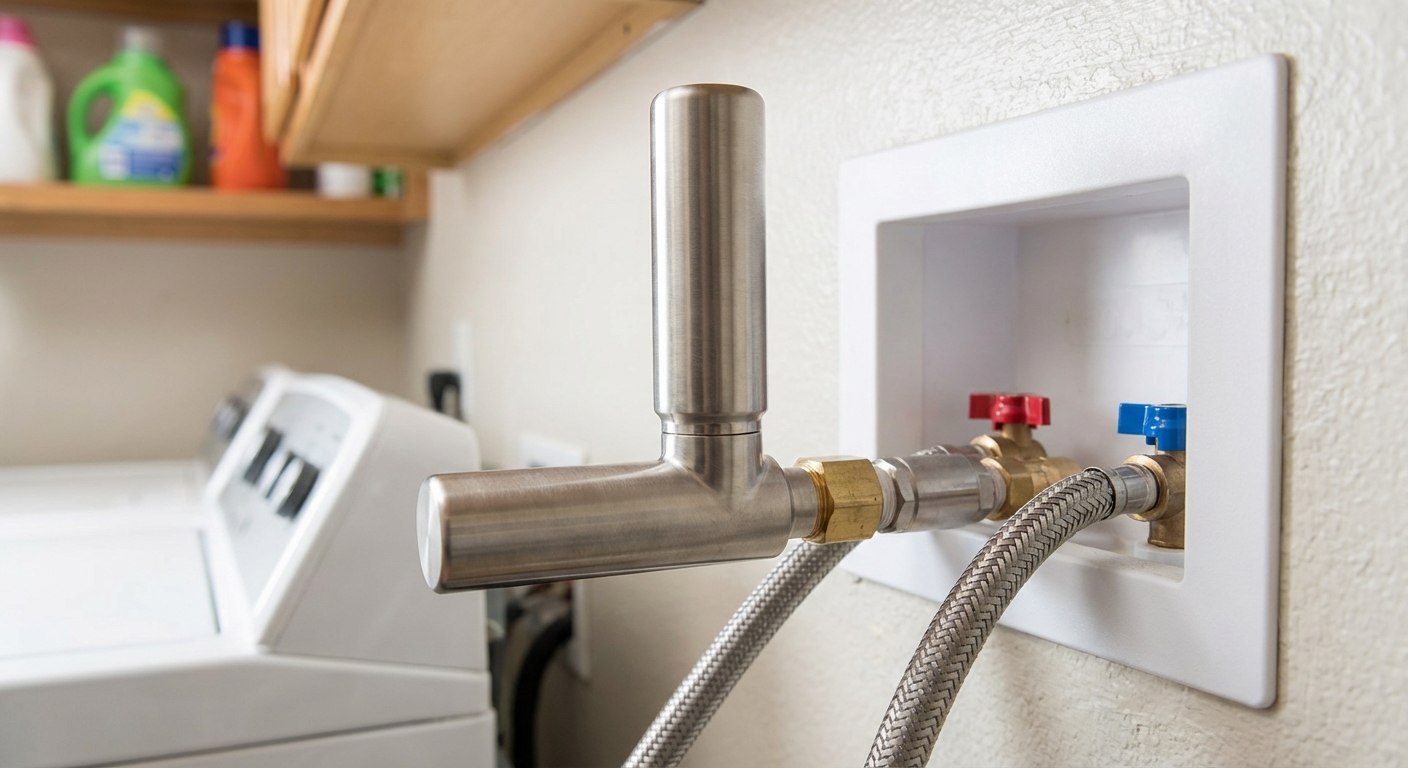 A real photo of a stainless steel water hammer arrestor installed on a washing machine outlet box with braided supply hoses attached, laundry room wall visible, sharp focus plumbing hardware scene