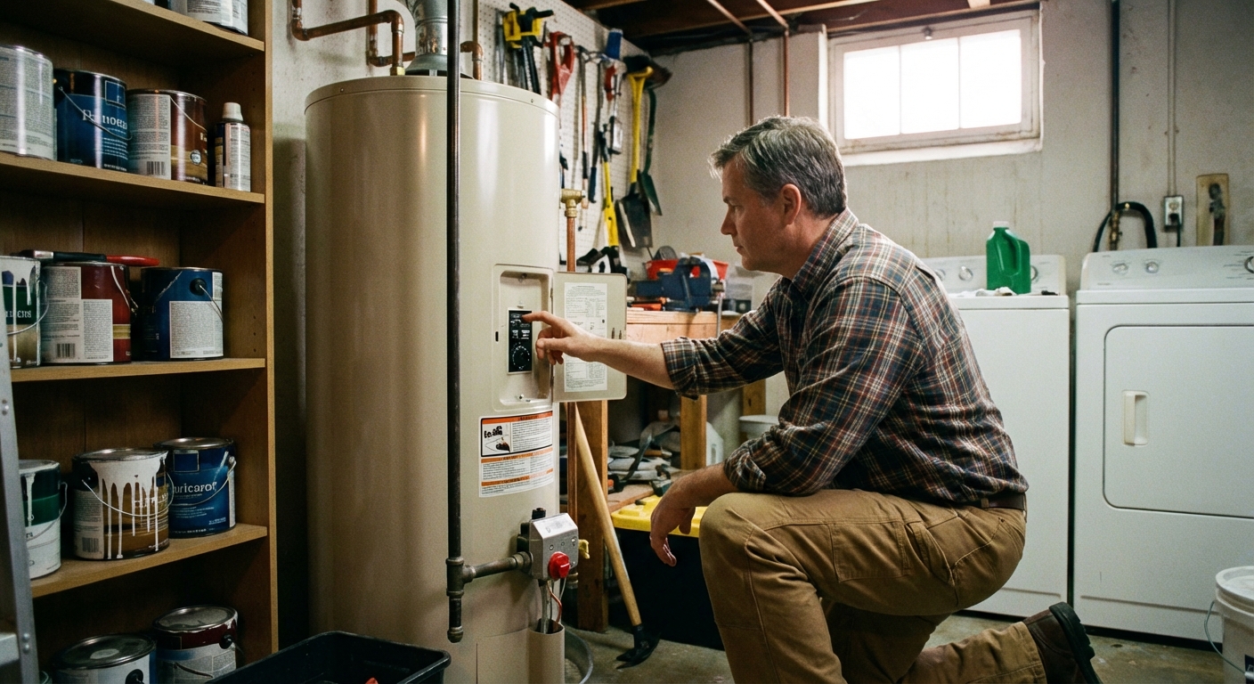 A real photo of a standard residential water heater in a utility room, with a homeowner kneeling beside it and reaching toward the thermostat area, natural indoor lighting