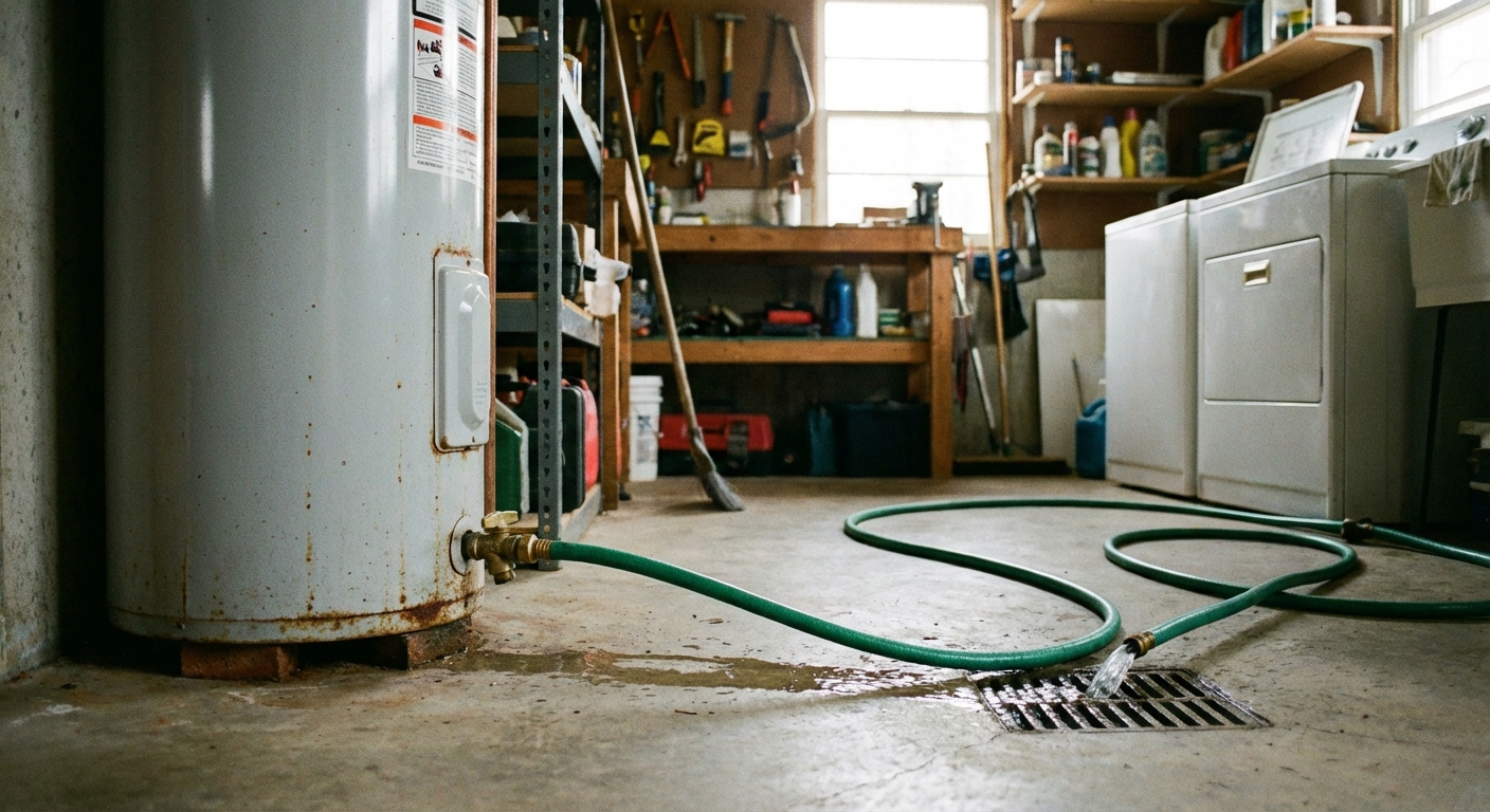A real photo of a standard tank water heater in a utility room with a garden hose connected to the drain valve at the bottom, hose running toward a floor drain