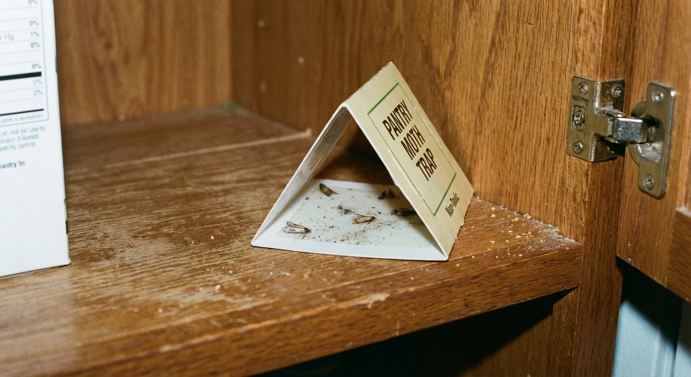 A real photo of a sticky pheromone trap for pantry moths placed on an empty pantry shelf, with a few small moths stuck to it, neutral indoor lighting