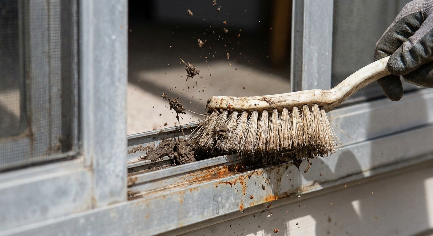A real photo of a stiff nylon brush scrubbing inside an aluminum sliding screen door bottom track with visible dirt being loosened