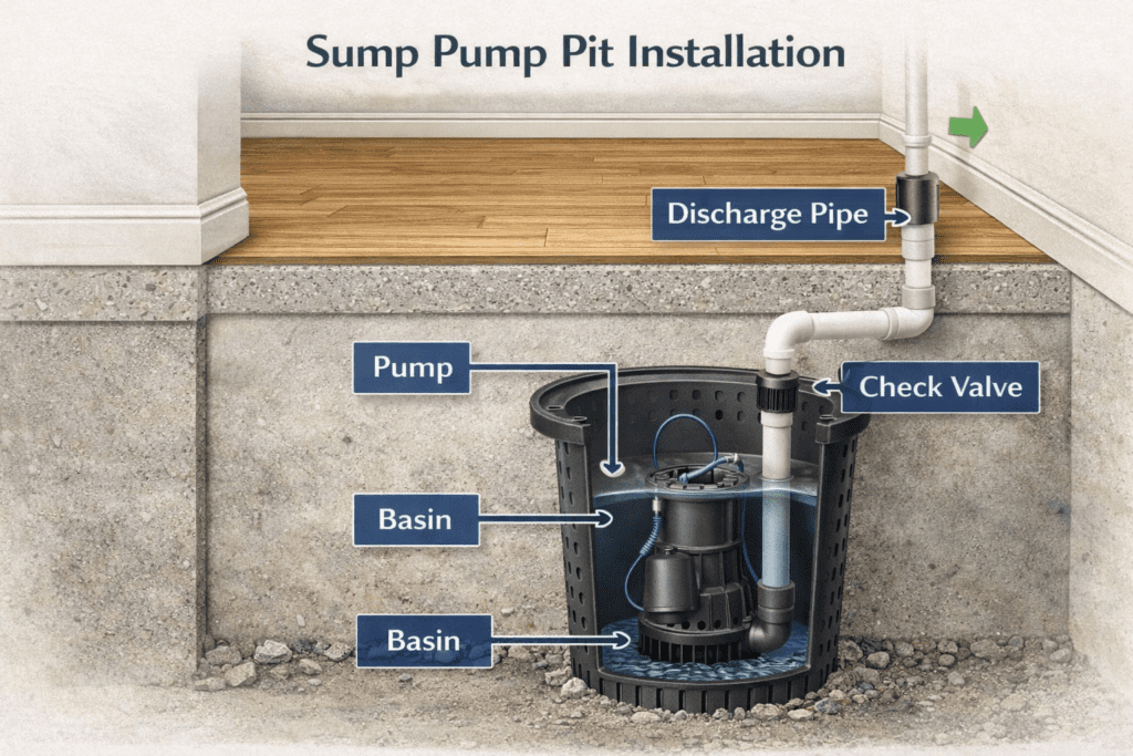 A real photo of a sump pump discharge pipe with a check valve installed vertically, showing hose clamps and PVC connections in a basement
