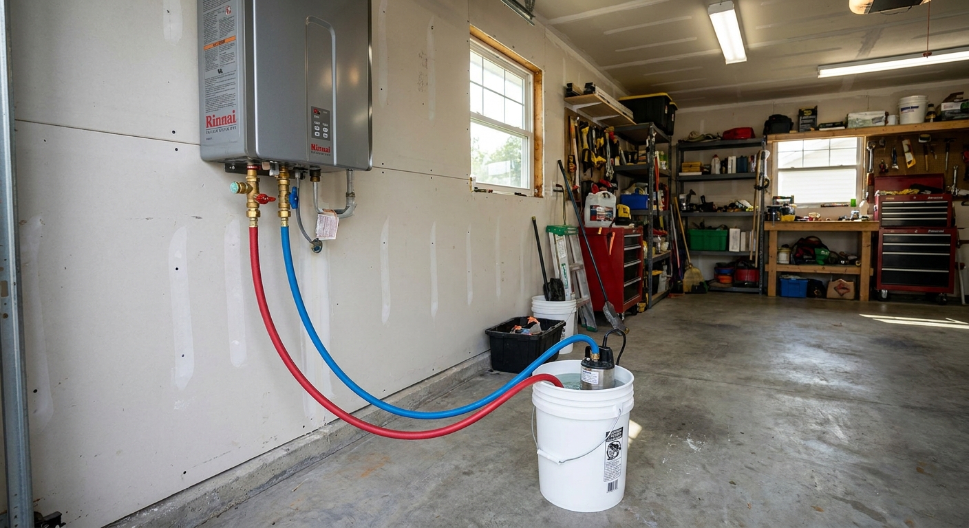 A real photo of a tankless water heater on a garage wall with two service hoses connected to the hot and cold isolation valves and a small utility pump sitting in a bucket on the floor