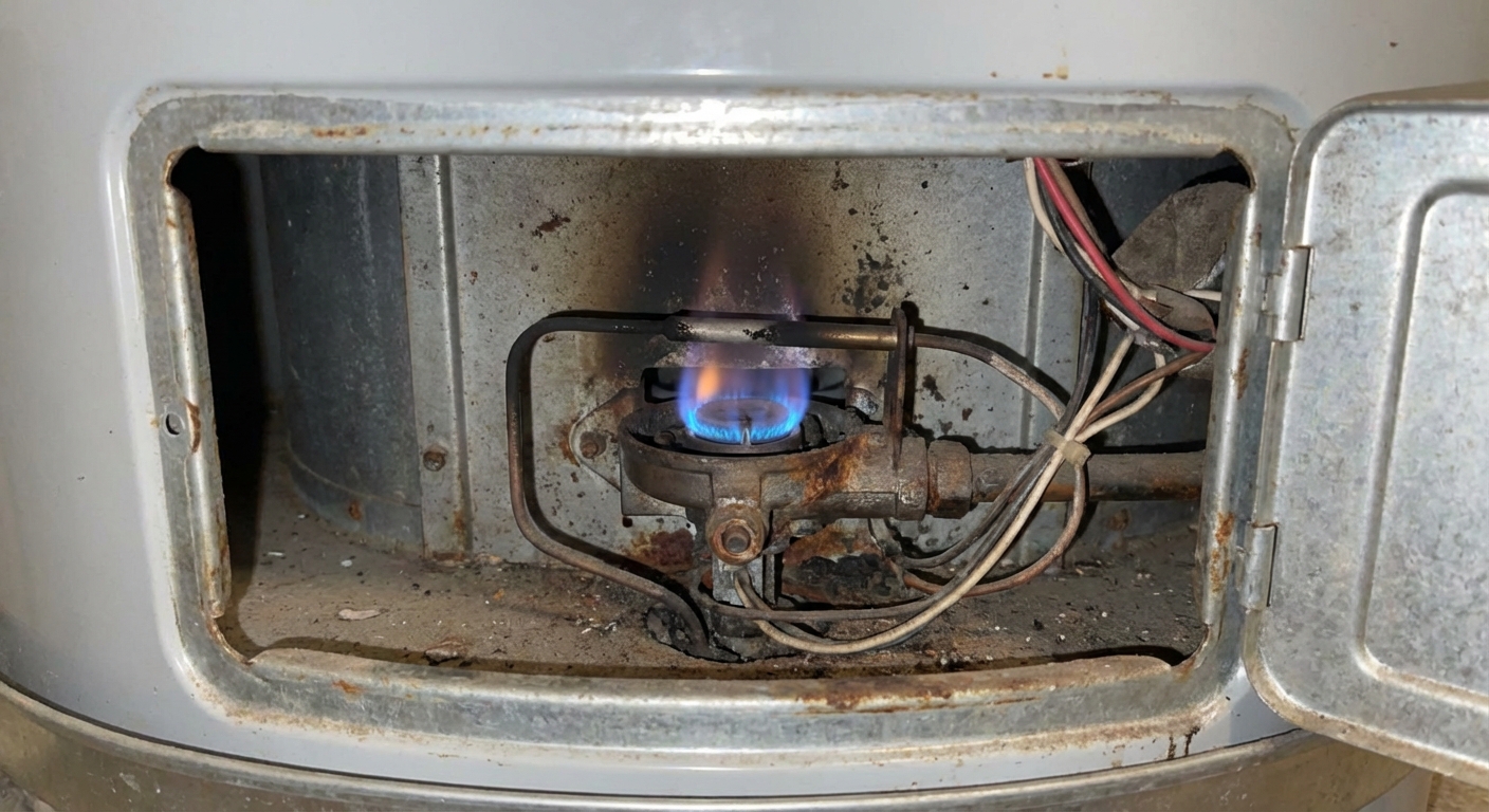 A real photo of a thermocouple and burner assembly area inside a gas water heater access opening, close-up view with the sensor tip near the pilot flame location