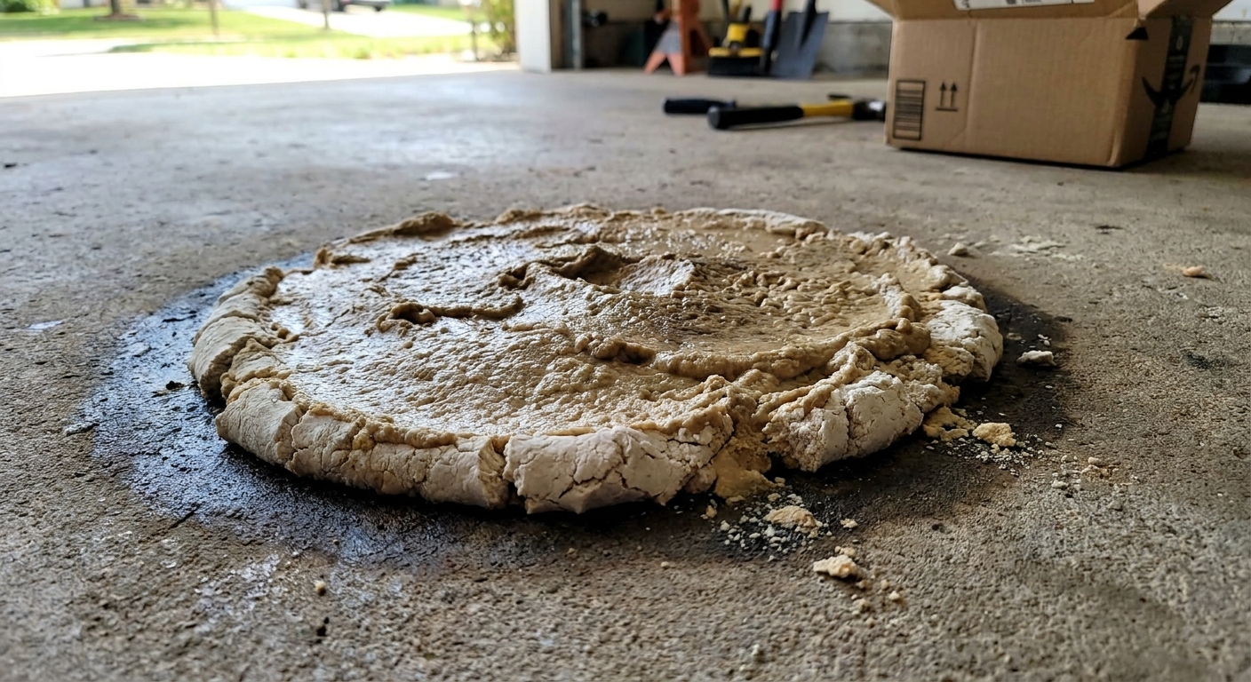 A real photo of a thick beige poultice paste spread over a dark oil stain on a concrete garage floor, drying at the edges