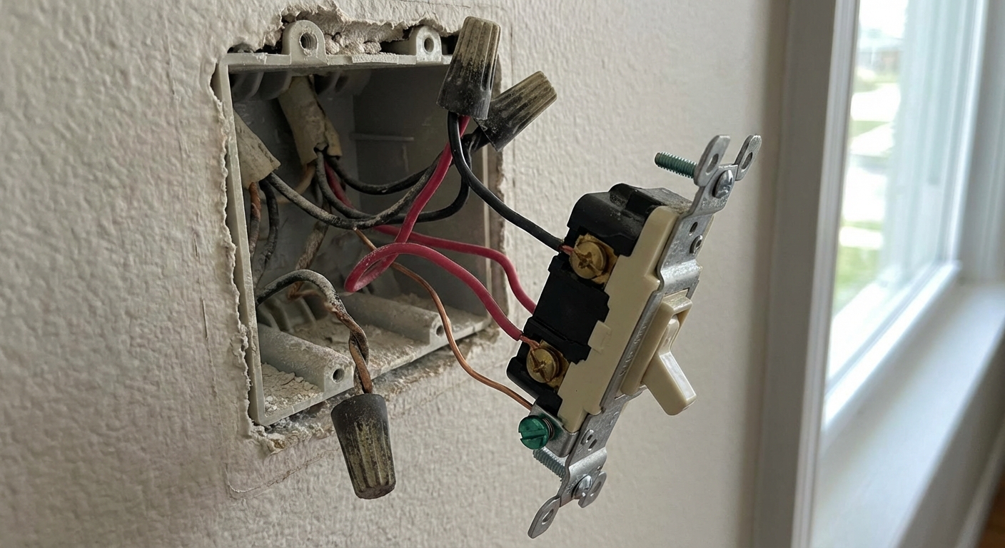 A real photo of a three-way light switch pulled from a wall box showing three screw terminals and a ground wire