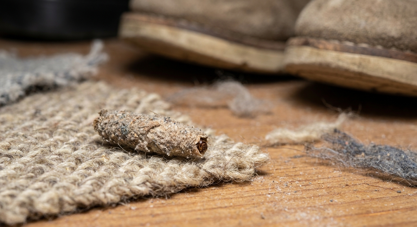 A real photo of a tiny lint-covered tube-like larval case resting on a piece of natural fiber fabric on a closet floor