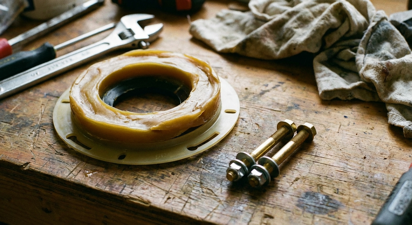 A real photo of a toilet wax ring and a pair of brass closet bolts laid out on a work surface, indoor lighting, close-up