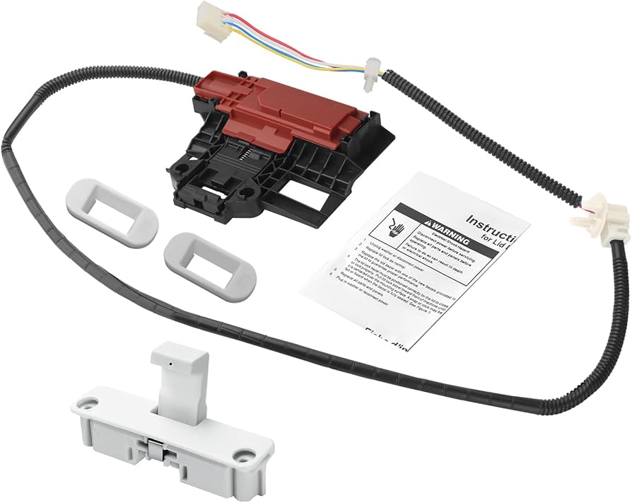 A real photo of a top-load washing machine with the lid open while a homeowner inspects the lid lock area near the rim under bright laundry room lighting