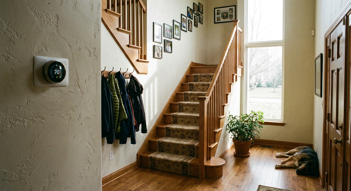 A real photo of a two-story home hallway with a thermostat on the wall and a staircase leading to the second floor, natural indoor lighting