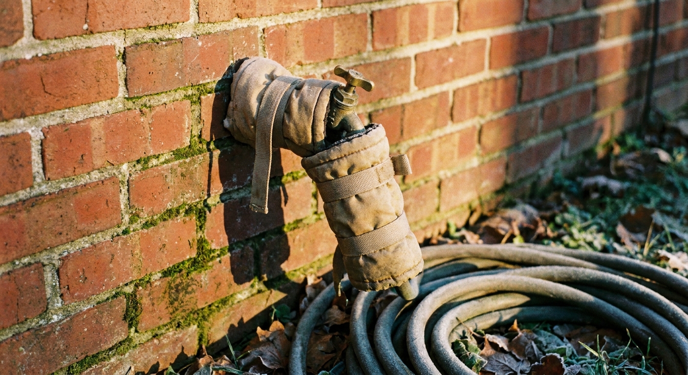 A real photo of a typical outdoor hose bib on a brick wall with an insulated winter cover strapped over it, late afternoon natural light