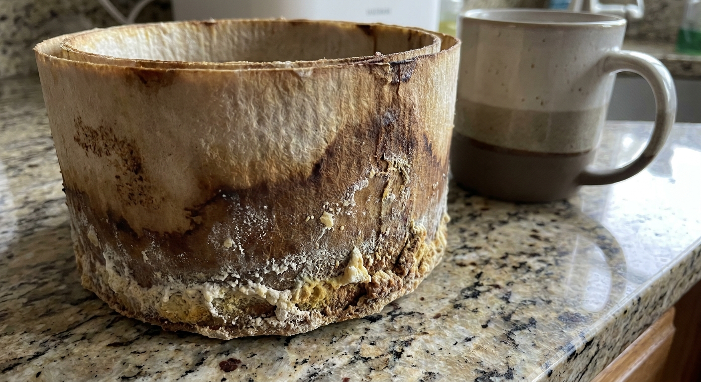 A real photo of a used evaporative humidifier wick filter on a countertop showing visible mineral crust and discoloration