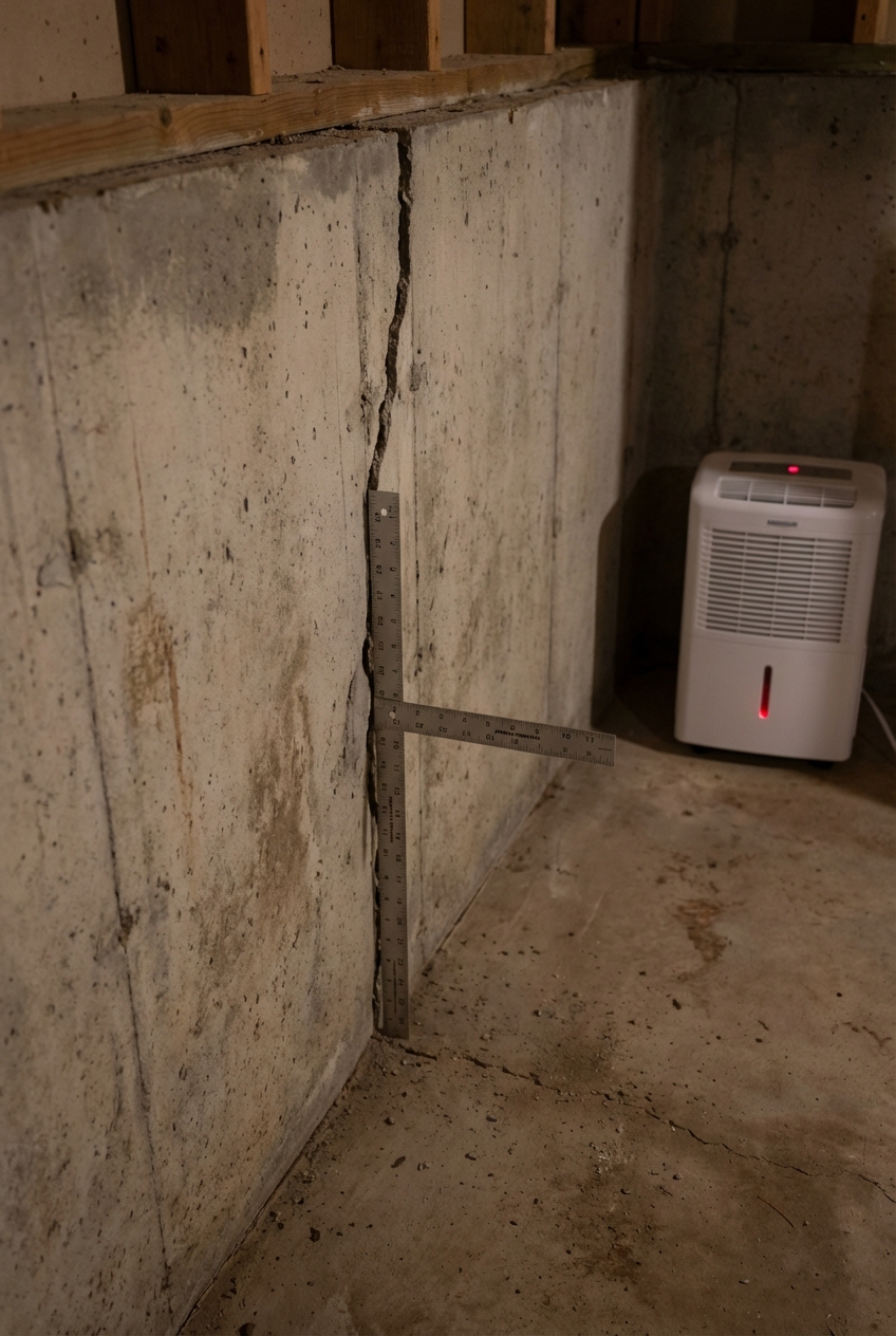 A real photo of a vertical crack on a poured concrete foundation wall running from floor slab up to the sill area, with a ruler held next to the widest portion and a dehumidifier visible in the corner