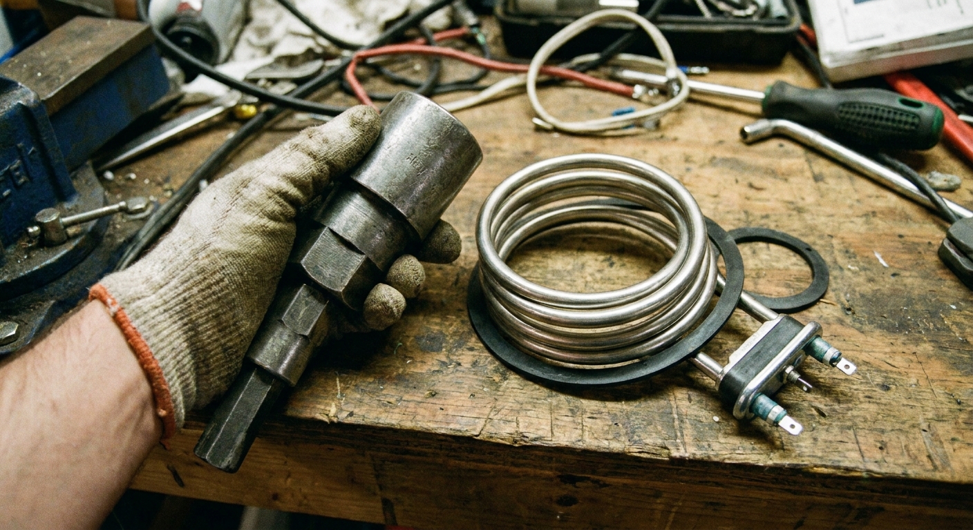 A real photo of a water heater element wrench socket held in a hand next to a replacement heating element on a workbench