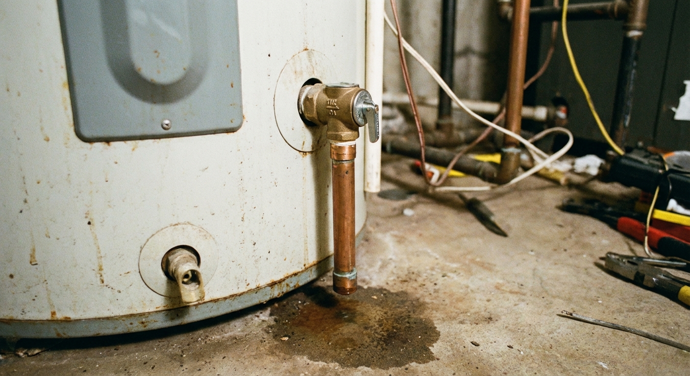 A real photo of a water heater temperature and pressure relief valve on the side of a tank with a metal discharge pipe running downward, a small wet spot visible near the pipe end on a basement floor, no text