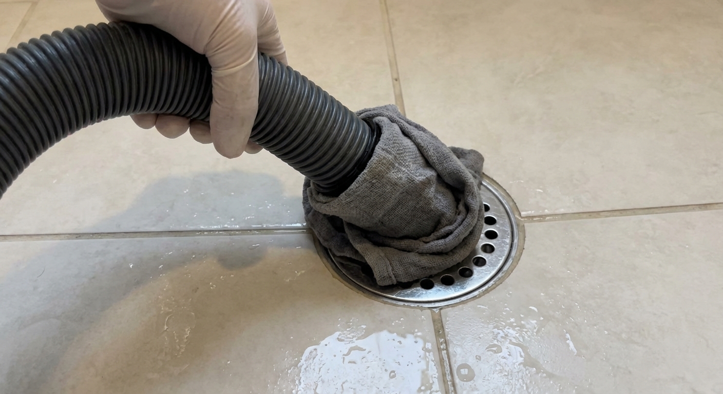 A real photo of a wet dry vacuum hose held over a shower drain with a damp rag wrapped around the hose to form a seal