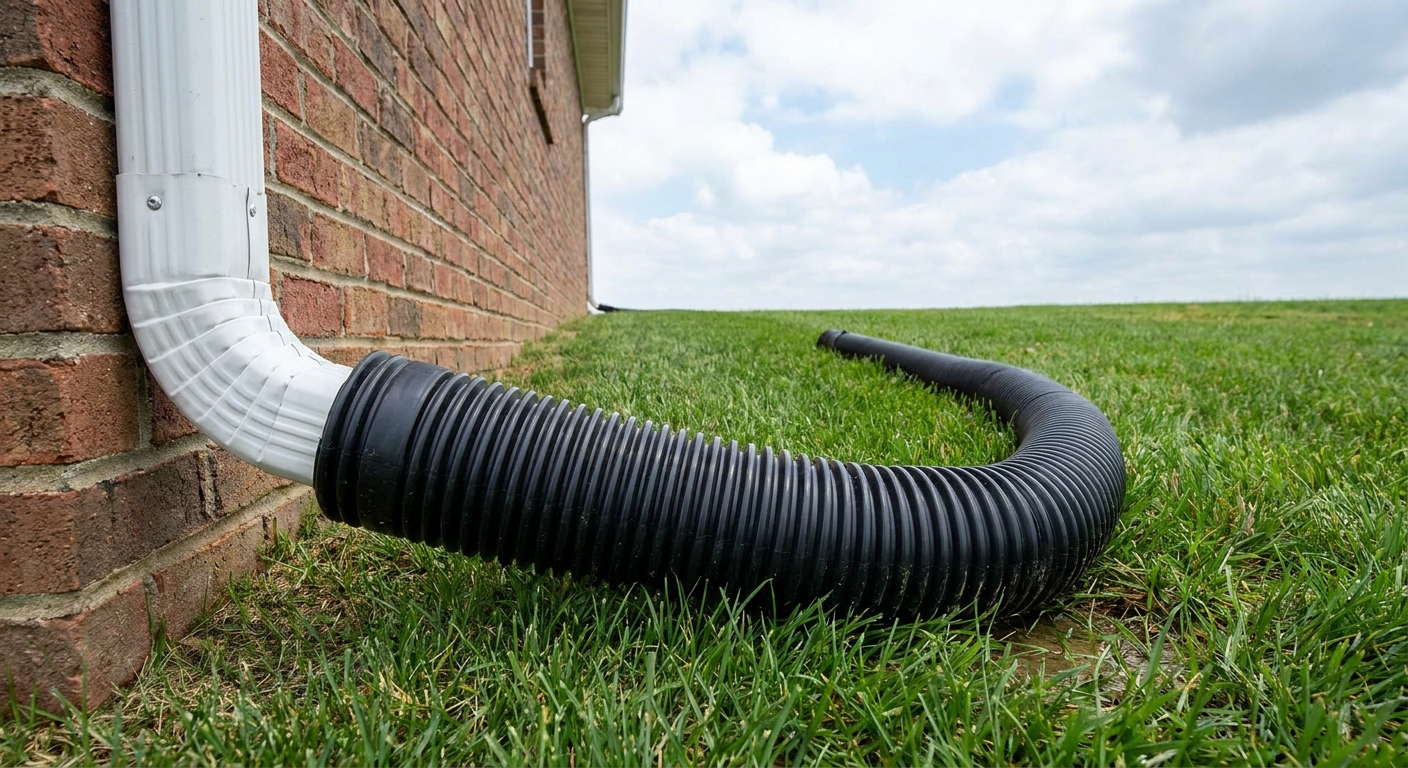 A real photo of a white aluminum downspout connected to a black flexible extension that carries rainwater away from a home’s foundation onto a lawn