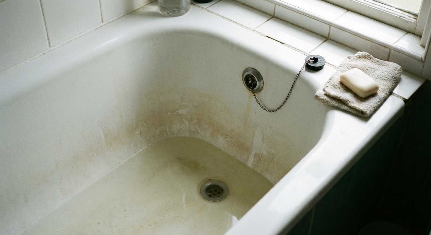 A real photo of a white bathtub with several inches of standing water around the drain, showing a removed stopper placed on the tub edge
