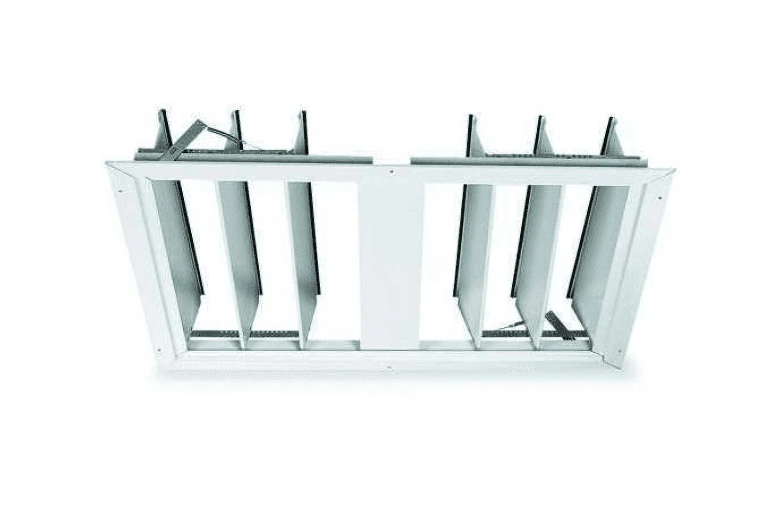 A real photo of a whole-house attic fan ceiling grille opened on hinges, showing the fan housing and wiring compartment in a hallway ceiling