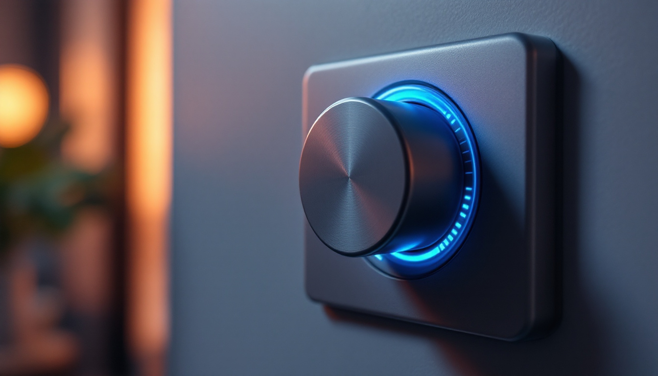 A real photo of a whole-house fan wall control with a timer dial and thermostat slider mounted on a painted hallway wall