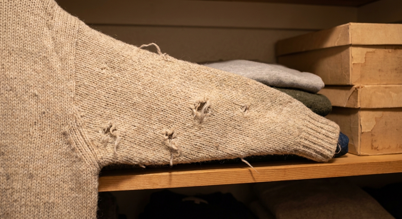 A real photo of a wool sweater sleeve with small irregular moth-eaten holes, laying on a closet shelf under warm indoor light